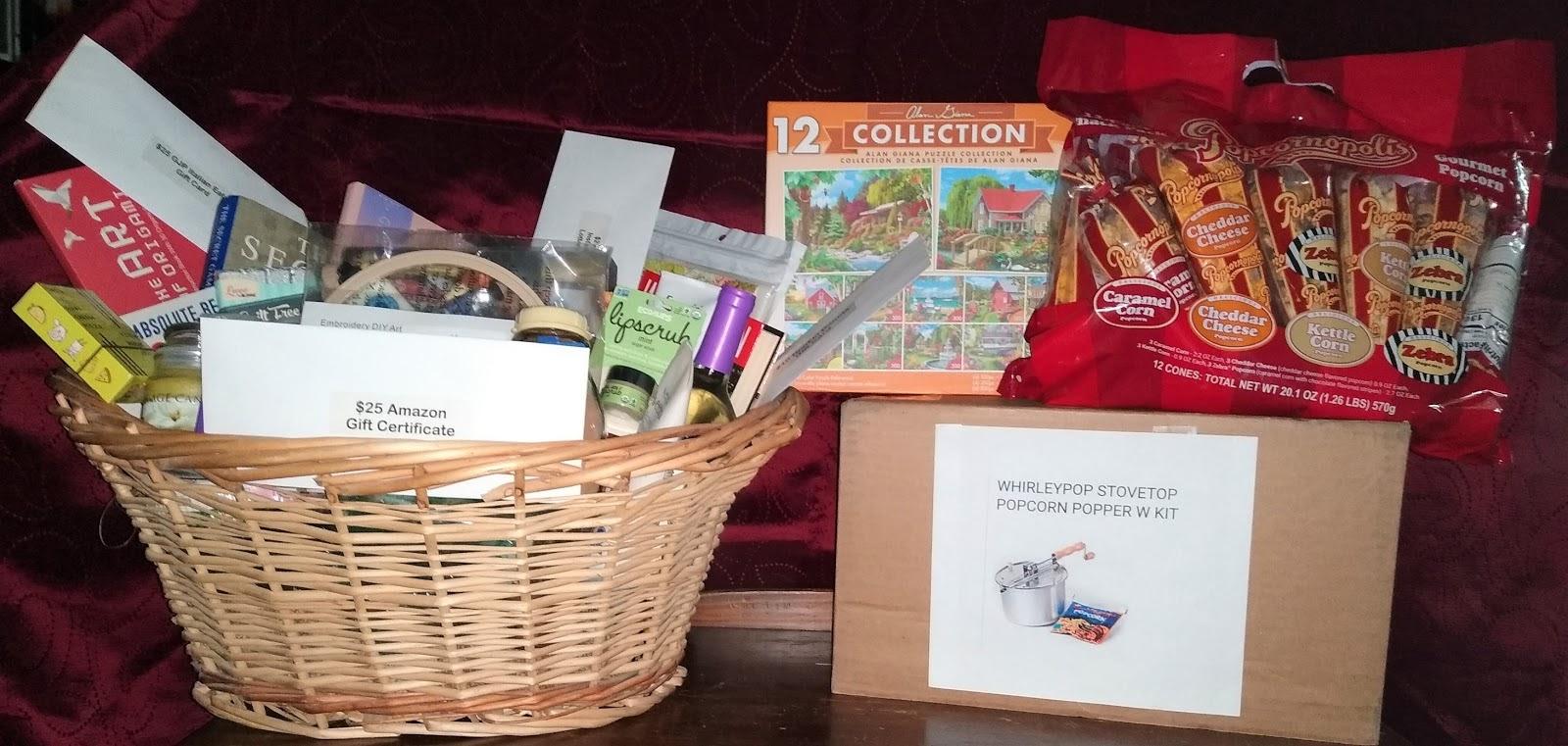 Spring Forward raffle basket filled with games, sweets, self-care products and more
