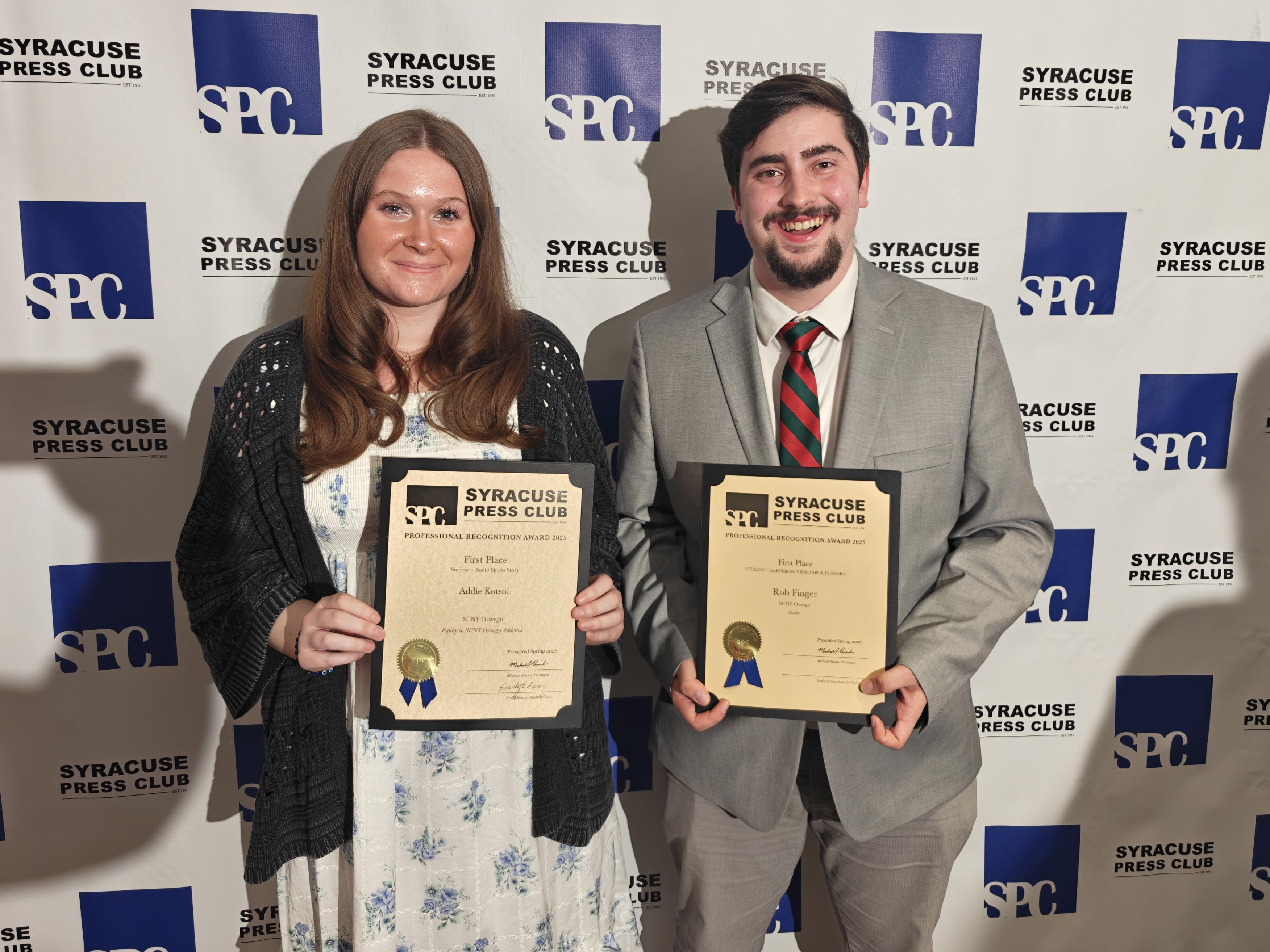 Sophomore journalism major Addie Kotsol and senior broadcast and digital media major Rob Finger received honors during the Syracuse Press Club's Professional Recognition Awards Saturday, May 2 at the Everson Museum of Art in Syracuse