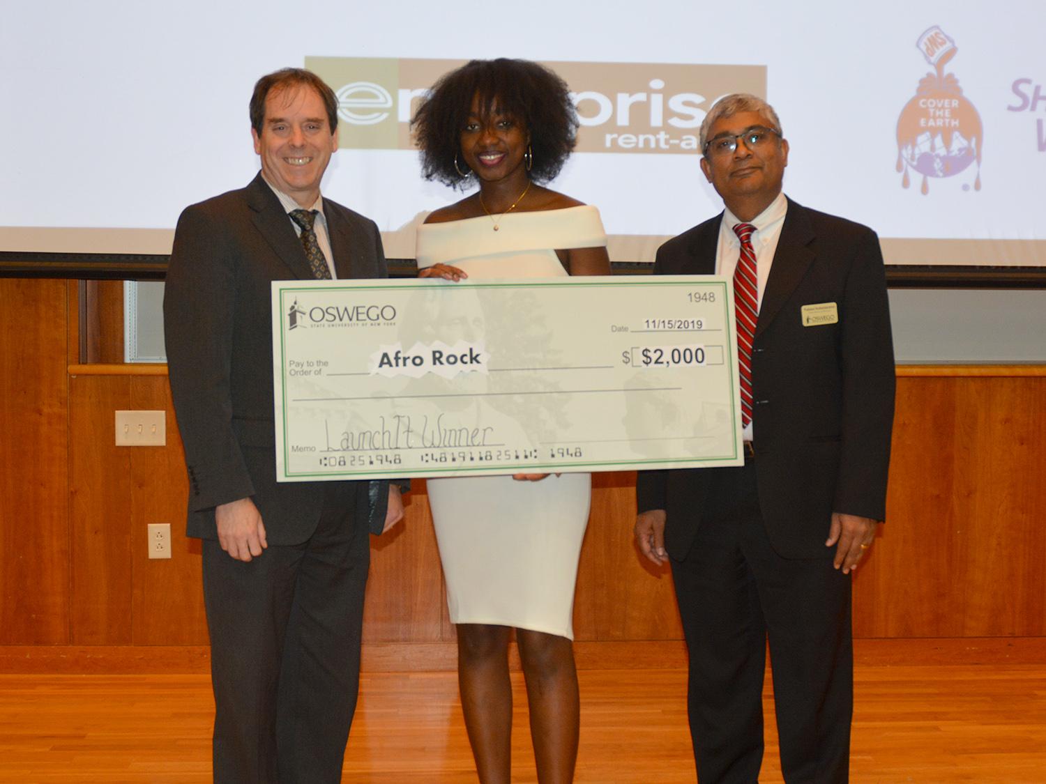 Ramatoulaye Sy, a sophomore finance major from Senegal, won the 2019 edition of SUNY Oswego’s LaunchIt student startup competition with her product AfroRock, an all-natural lotion to protect and maintain the hair and scalp
