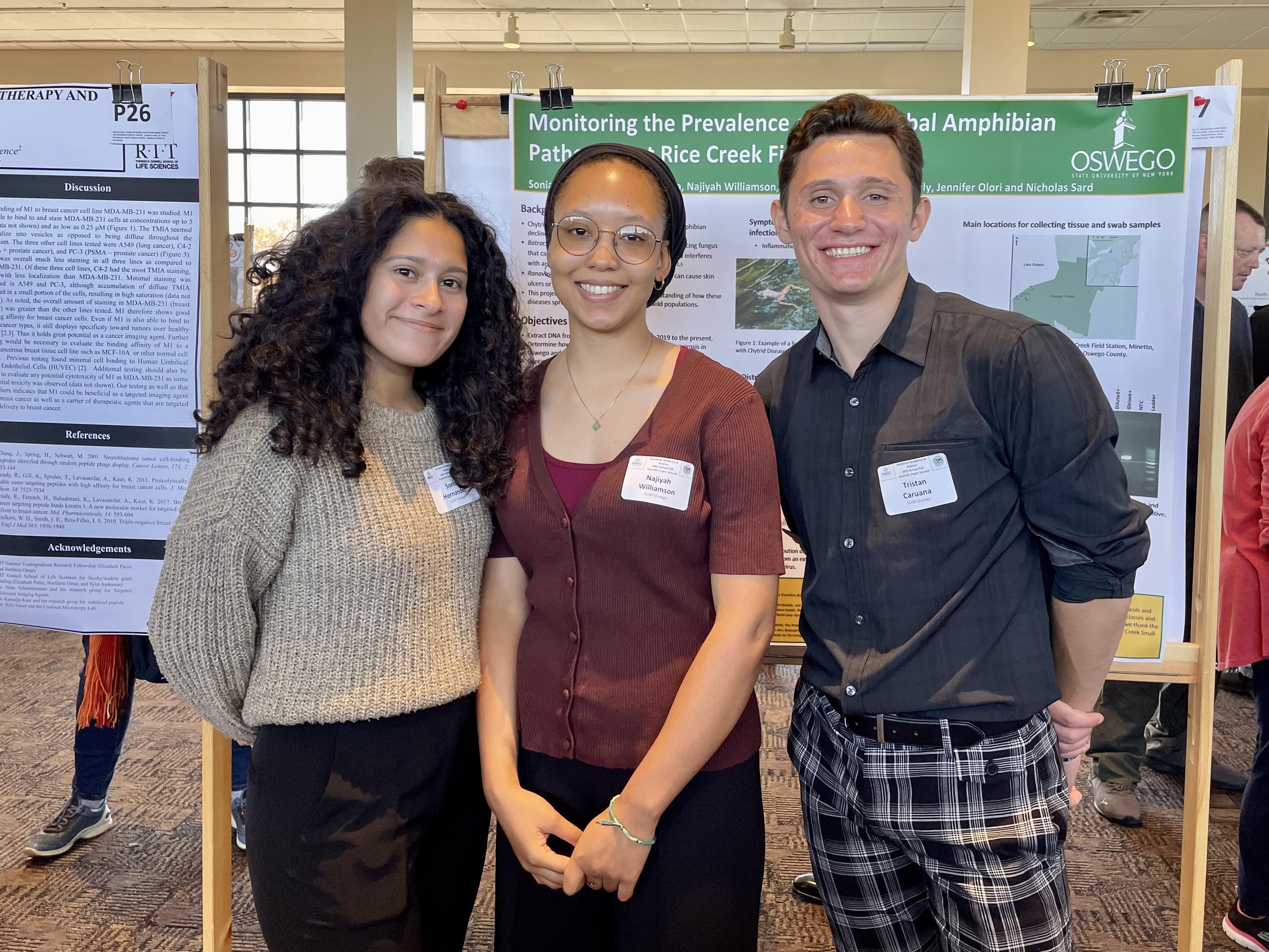 Student researchers Sonia Hernandez, Najiyah Williamson and Tristan Caruana were among many biological sciences students presenting recently at the Rochester Academy of Sciences