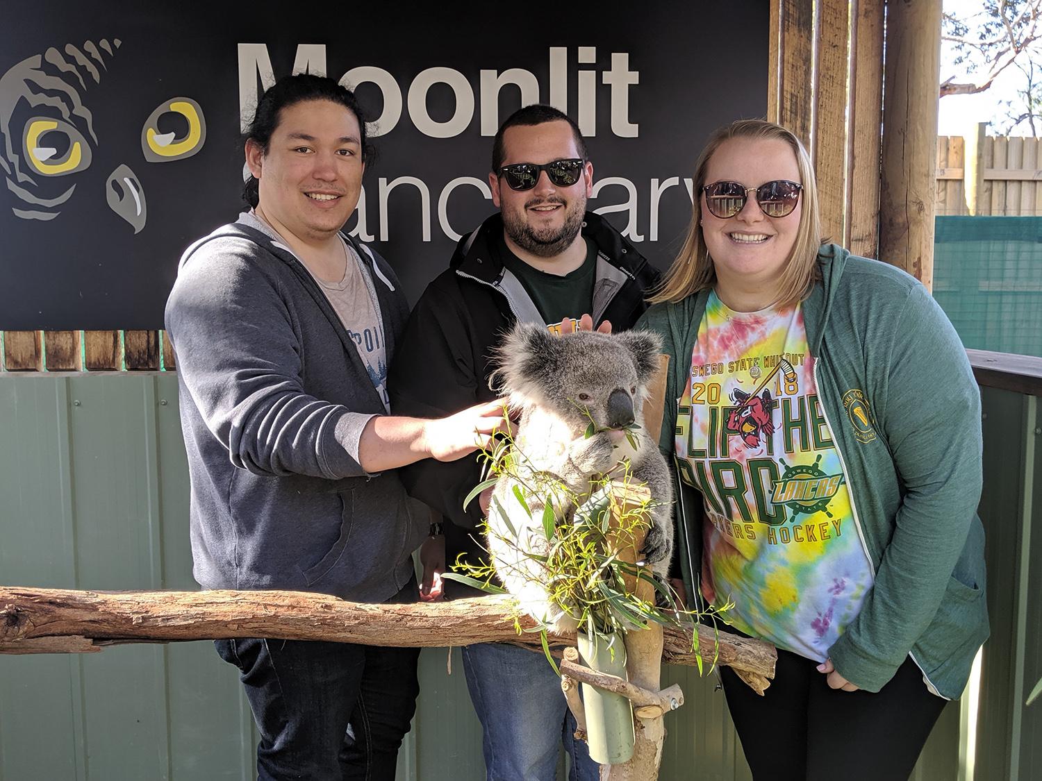 Oswego students meet a koala at a wildlife sanctuary in Australia