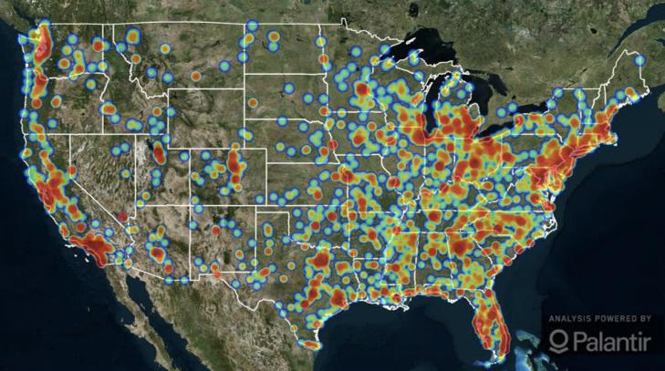 Screenshot of map of locations of human trafficking situations in the U.S. from the 2019 Polaris Project Data Report indicating reports of human trafficking throughout upstate New York and the United States.