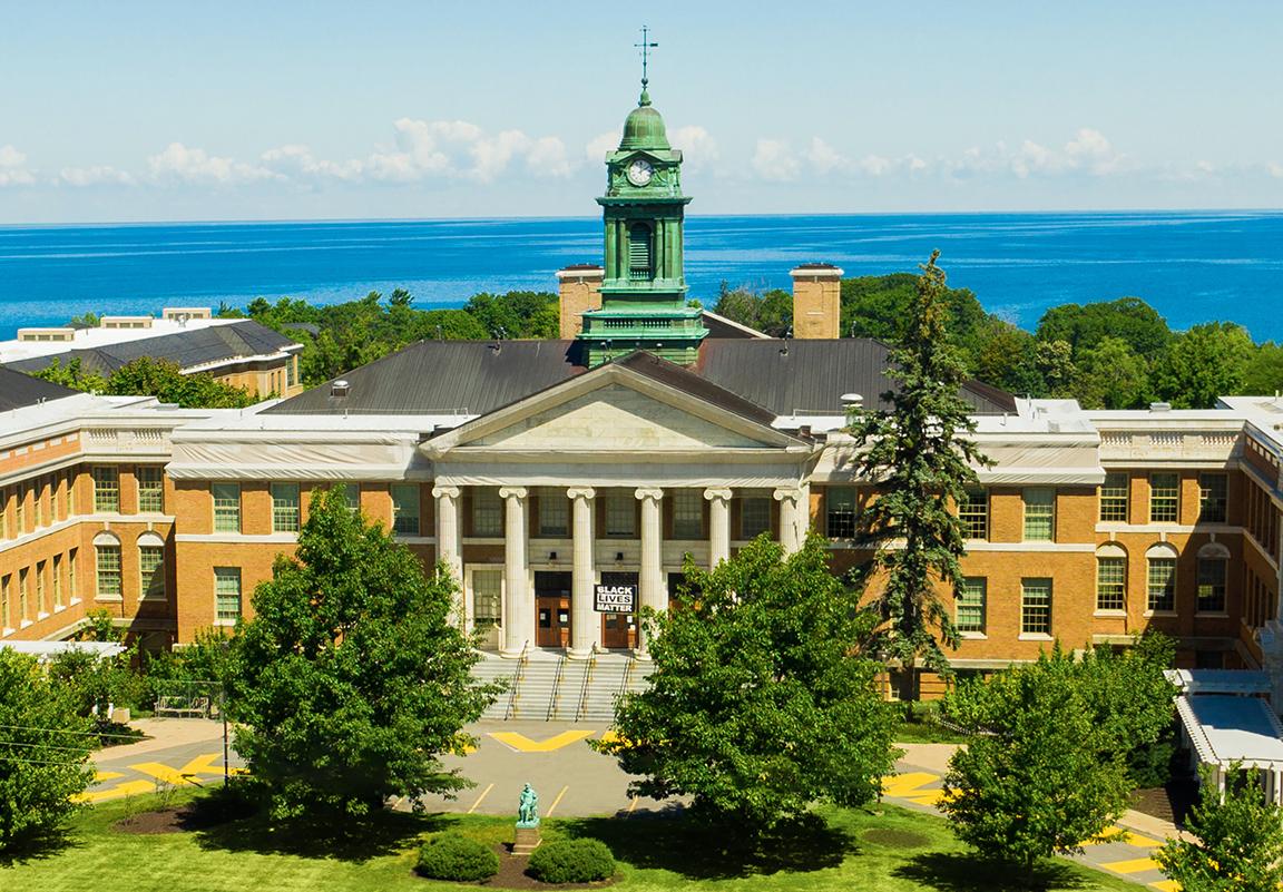 SUNY Oswego's historic Sheldon Hall on the shores of Lake Ontario