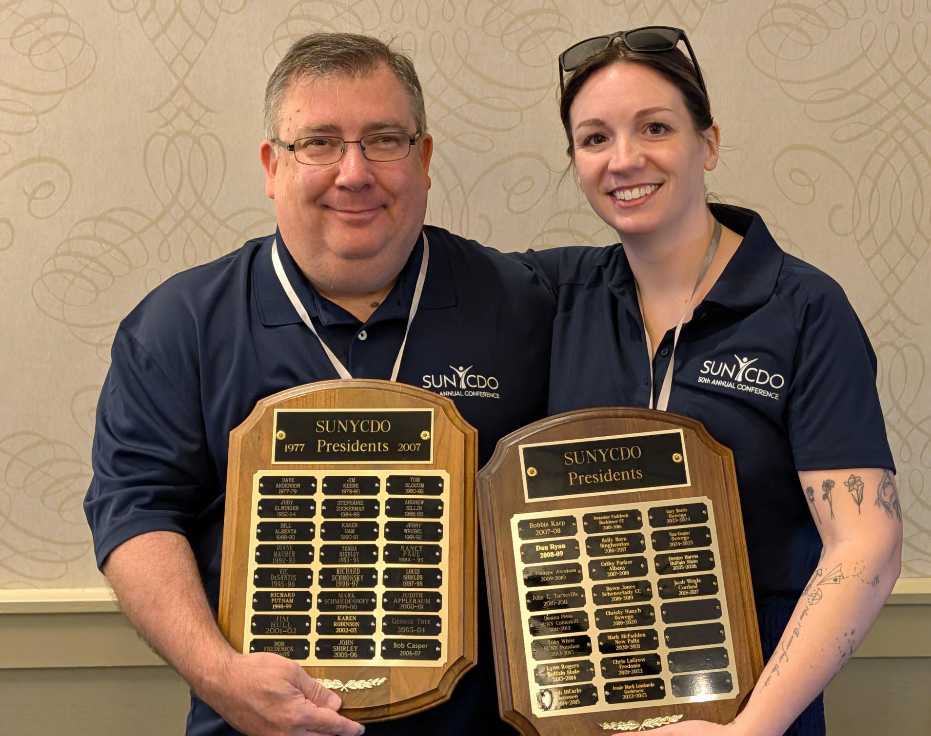 SUNY Oswego's Tina Phillips, left, and Chris Grow from Fredonia were past presidents of the SUNY Career Development Organizations and co-chairs of its 50th-anniversary event in early June 2026