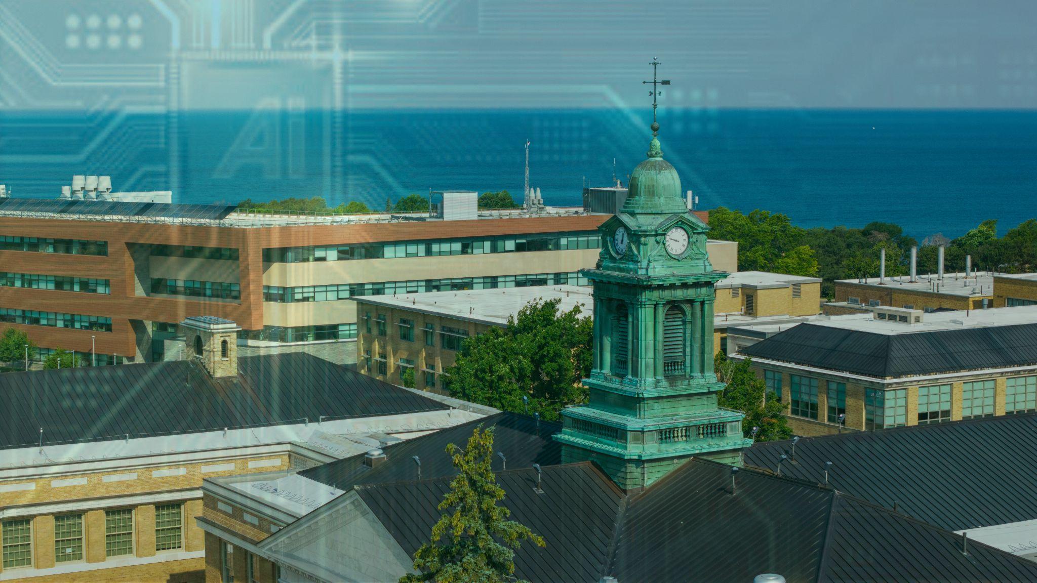 A drone view of SUNY Oswego’s campus featuring the iconic Sheldon Hall clocktower, academic buildings and Lake Ontario. A digital circuit pattern and the letters “AI” are subtly overlaid.