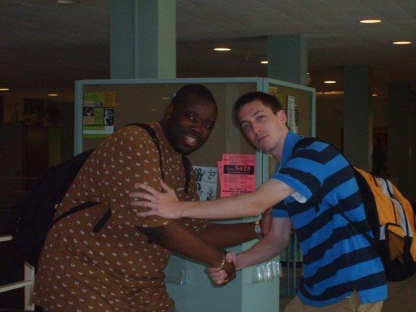 Then-students Nate Felty ’12 and Tamar Greene ’09 in SUNY Oswego’s Tyler Hall lobby in 2008.