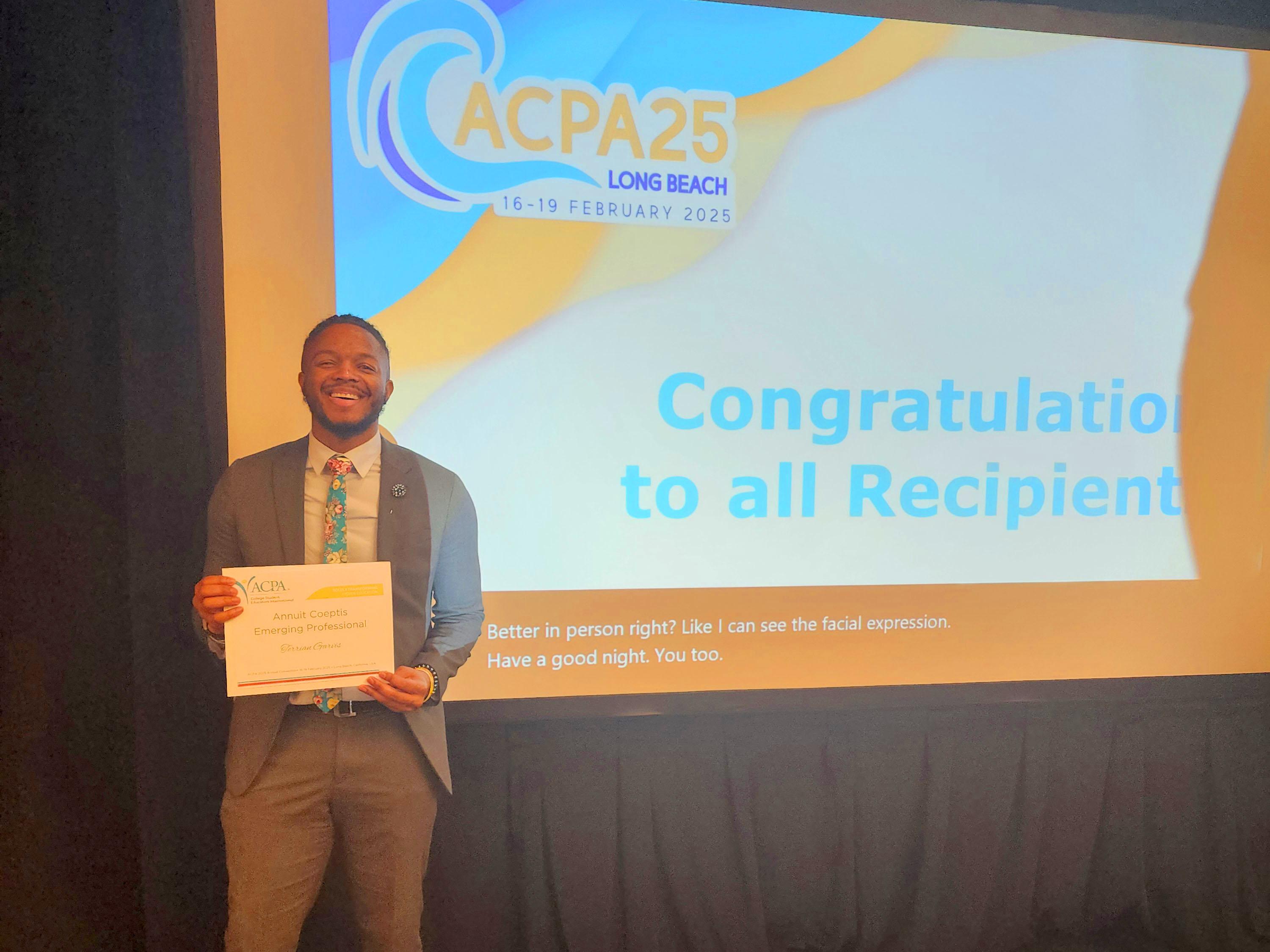 For Terrian Garvis, recently winning the ACPA-College Student Educators International, Annuit Coeptis Emerging Professional Award, is just one more example of supporting others any way he can.