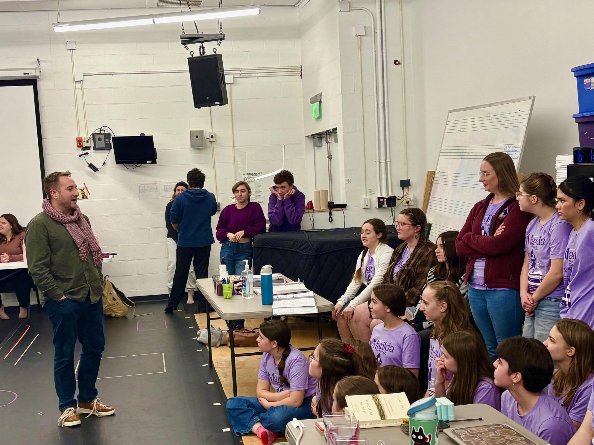 Visiting Oswego Homeschool Association students attend a rehearsal of the department’s upcoming musical "All Shook Up," led by theatre faculty member Steven Mazzoccone