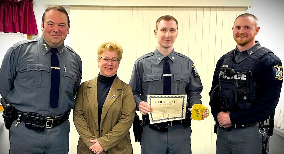 University Police Officer Daniel Geary recently earned the Traffic Safety Champion Award from the Oswego County Traffic Safety Board.