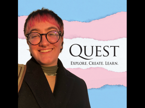 Senior Micah Audycki in front of a trans pride flag for Quest Day presentation