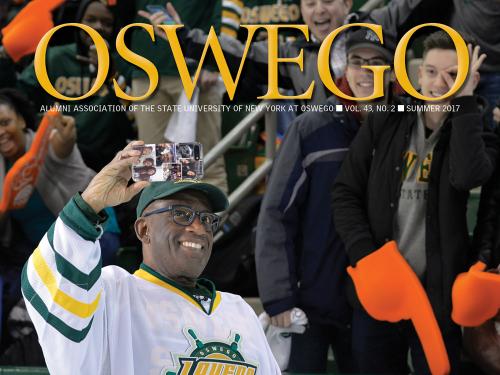 Summer 2017 SUNY Oswego alumni association magazine cover photo featuring alumnus Al Roker taking a selfie at Rokerthon 3