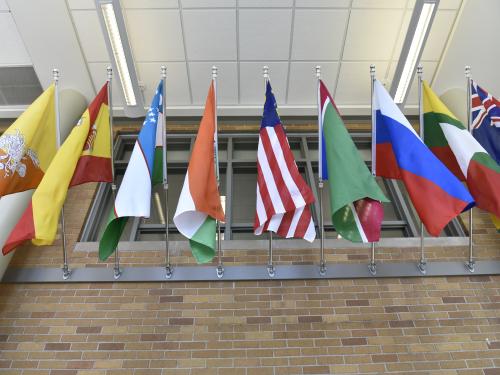 Some of the flags in the Flags of Nations display in the Marano Campus Center at SUNY Oswego