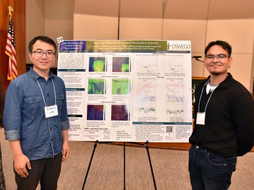 SUNY Oswego meteorology professor Yonggang Wang and his student Jason Ruiz stand in front of their poster presentation on arctic cold air outbreaks.