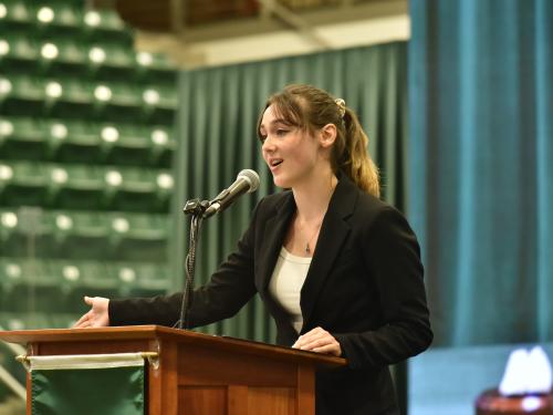 Student poet Emma Deloff speaks during President Peter O. Nwosu's Sept. 27 inauguration