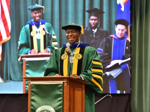 SUNY Oswego’s 11th President Peter O. Nwosu speaks about the institution’s past, present and exciting future during his Inauguration ceremony on Sept. 27.