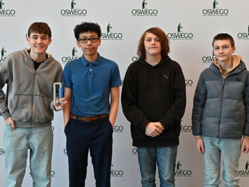 The Project Orion team won the first-ever Innovators Showcase at SUNY Oswego, a partnership between the university, CiTi BOCES’ P-TECH and Engineering Week sponsor Micron Technology. From left: Conner Falise, Wesley Elsner, Lucas Shaffner, Trenton Baker.