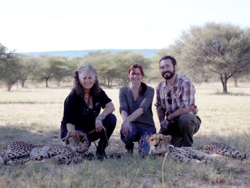 Cinema and screen studies faculty members Tiffany Deater and Jarrod Hagadorn with (at left) Laurie Marker, founder and director of the Cheetah Conservation Fund