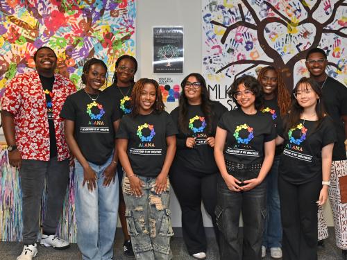 Dorren Allen-Carr (left), interim assistant director of Student Engagement and Leadership, with ALANA (African, Latino, Asian and Native American) Conference committee members in The Point.