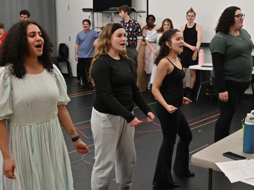 Cast members working on the upcoming SUNY Oswego production of "All Shook Up" include, from left, Chelli Lopez, Alexandra Hallam, Ariana Palmer and Faith Wilk