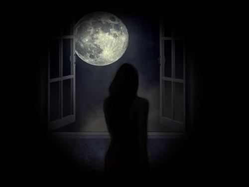 Production image for Elsewhere showing a lone figure in front of a dark window and with a full moon
