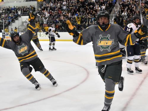 Laker men's hockey players celebrate a goal