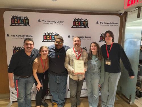 SUNY Oswego students and Oswego professor Steven Mazzocone at the 2025 Kennedy Center American College Theater Festival (KCACTF)