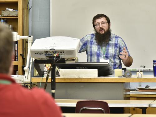 SUNY Oswego technology education graduate student Ryan Czeck -- shown speaking during the university's Fall Technology Conference -- received the spring 2022 Impact Scholars graduate scholarship from SUNY Oswego