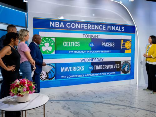 2024 SUNY Oswego graduate Jolie Santiago (at right) delivers sports analysis live on NBC's "Today" show as the anchors look on and interact