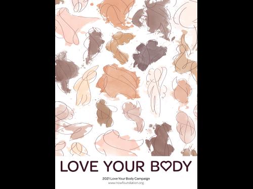 Alexis Cleveland's winning poster for National Organization for Women's Love Your Body campaign featuring variety of sketched figures and 2021 Love Your Body Campaign and www.nowfoundation.org