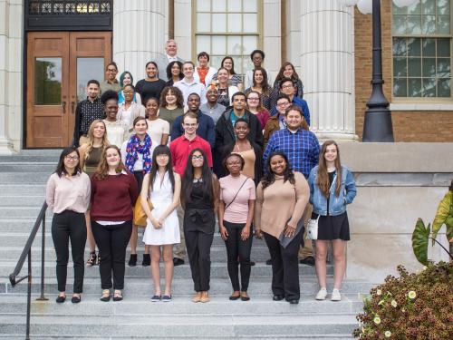 Students earning Marano Scholarships on steps of Sheldon Hall