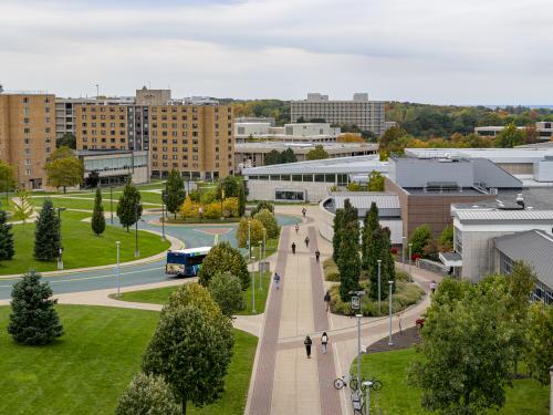 Aerial view of Marano Campus Center and surrounding buildings
