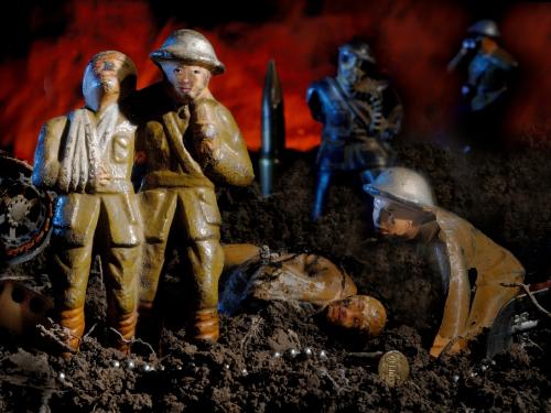 He Ain't Heavy shows toy soldiers recreating a battlefield scene