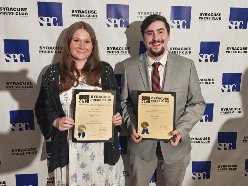 Sophomore journalism major Addie Kotsol and senior broadcast and digital media major Rob Finger received honors during the Syracuse Press Club's Professional Recognition Awards Saturday, May 2 at the Everson Museum of Art in Syracuse
