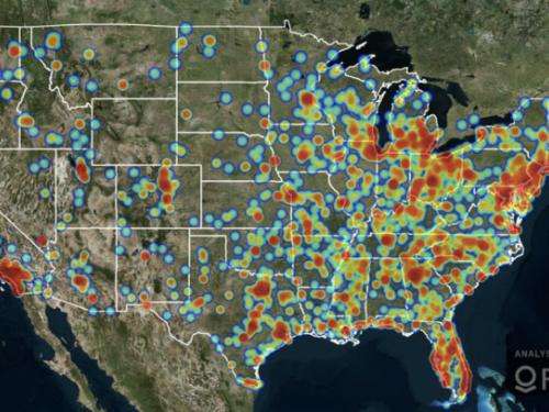 Screenshot of map of locations of human trafficking situations in the U.S. from the 2019 Polaris Project Data Report indicating reports of human trafficking throughout upstate New York and the United States.