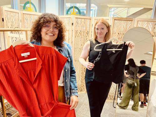 From left, April Lopez from (SHOP) Students Helping Oz Peers and Megan Mazzoccone from Career Services are collaborating on establishing a pop-up boutique to provide students with free professional clothing. 