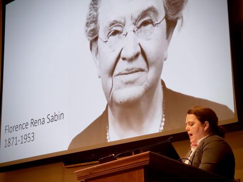 Communication studies faculty member Serenity Sutherland discusses her “Visualizing Women in Science” at the conference of the American Philosophical Society.