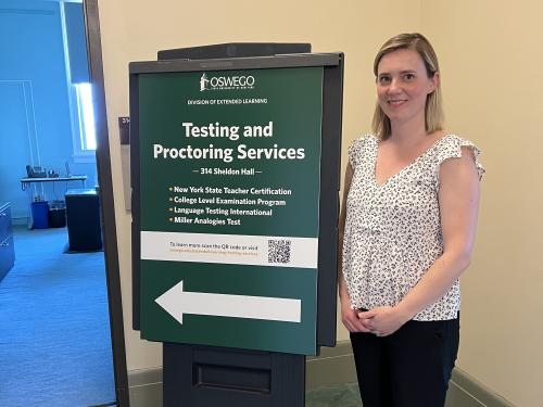 Sarah Wehrle of Extended Learning stands outside the new academic Testing Center in 314 Sheldon Hall