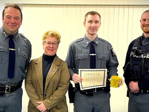 University Police Officer Daniel Geary recently earned the Traffic Safety Champion Award from the Oswego County Traffic Safety Board.