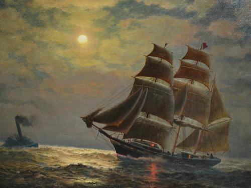 Painting by James Gale Tyler of a three-masted ship