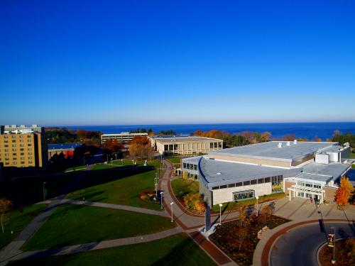 Aerial view of Marano Campus Center and central campus