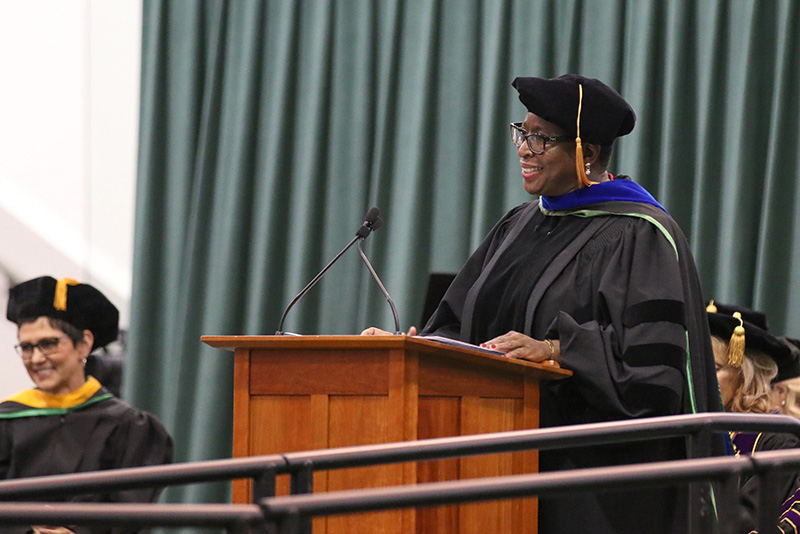 Dr. Yvonne Spicer, a 1984 graduate and 1985 master’s degree recipient of SUNY Oswego and now mayor of Framingham, Massachusetts, addresses 2019 candidates for graduation