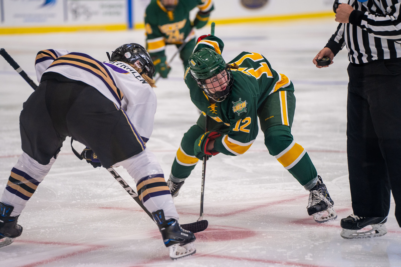 Tessa Mucha (#12) a sophomore forward for the Laker women’s hockey team, faces off against the Nazareth Golden Flyers in an Oct. 22 exhibition. The women start their official season at home at 7 p.m. on Friday, Oct. 28, against Adrian College. (Photo by Jarrad Wakefield)