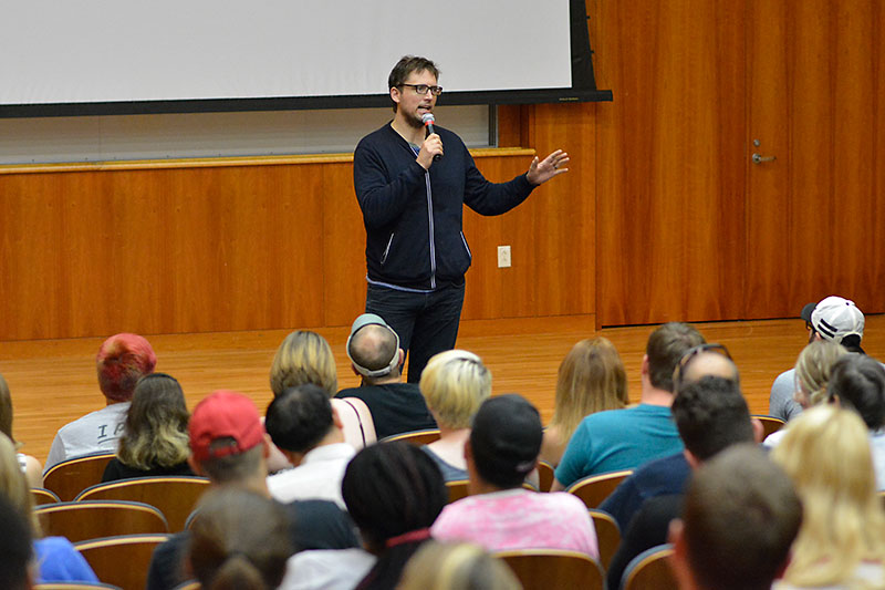 Owen Benjamin speaks with students