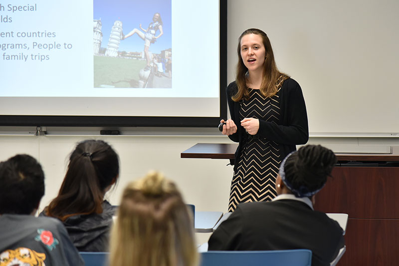 2013 alumna Stefanie Cornnell speaks to students