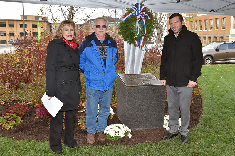 President Deborah F. Stanley, Oswego Town Supervisor Richard Kaulfuss and Oswego Mayor William J. Barlow Jr. dedicate monument for World War I Armistice centennial