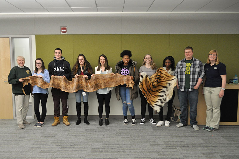 Focus Forward students and zoo staff hold a tiger hide and the giant skin of an African rock python 