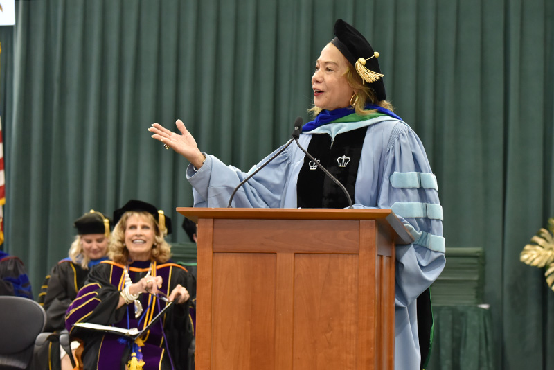 Dr. Mildred García, president of the American Association of State Colleges and Universities, addresses candidates for graduation