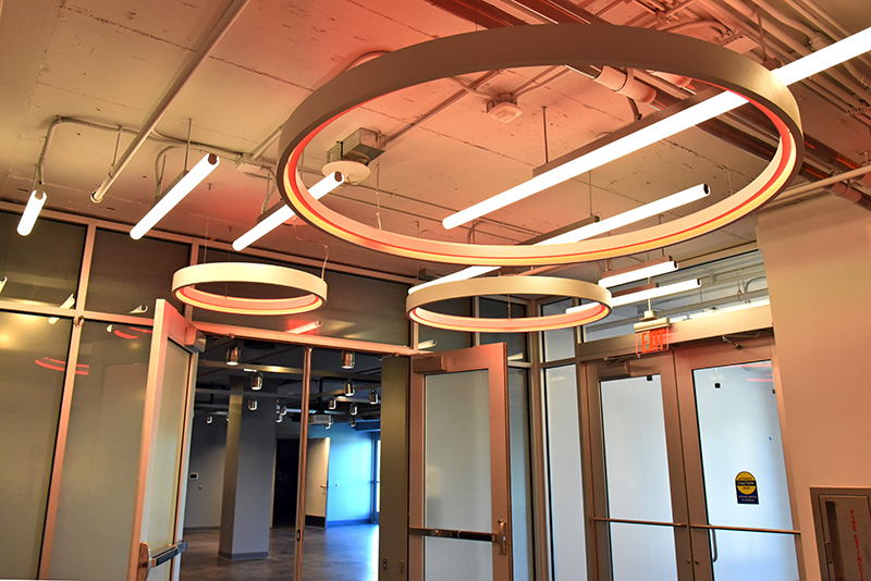 Cool lighting welcomes visitors to the new campus activities area known as The Space