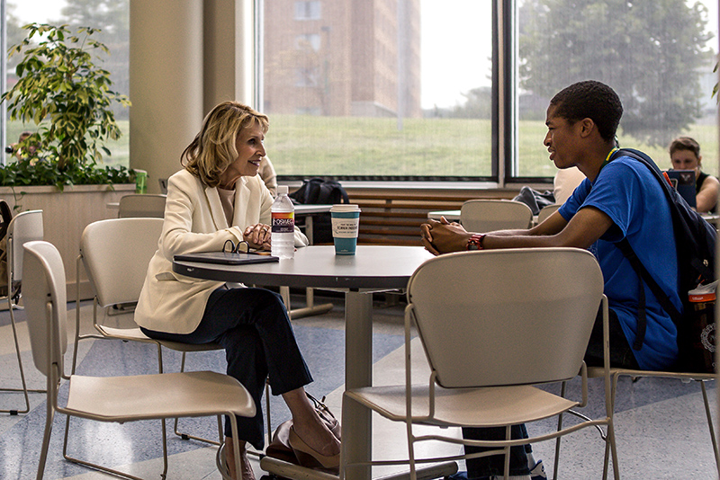 President Deborah F. Stanley continued her series of drop-in student meetings, here meeting with Nsikak Ekong