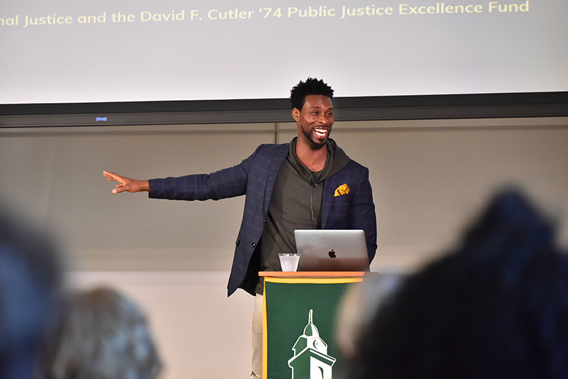 Marlon Peterson discussed  “What Does Justice Look Like?” Sept. 18 in a talk sponsored by the David F. Cutler ‘74 Public Justice Excellence Fund